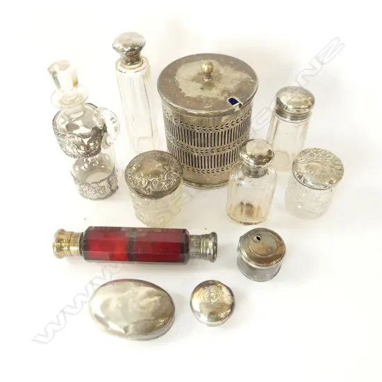 6 CRYSTAL BOTTLES (5 STG) + STG DOUBLE PERFUME BOTTLE, 2 EP CONTAINERS, 2 STG LIDS