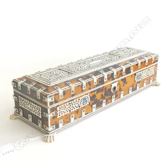 EASTERN TORTOISESHELL & IVORY DRESSING TABLE CASKET BOX w LION'S PAW FEET. W.300mm