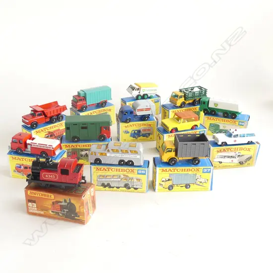 13 BOXED MATCHBOX SERIES BOXED CARS + TRUCKS + TRAIN ETC