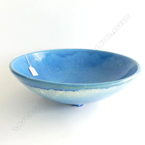 LGE BLUE GLAZED STUDIO POTTERY BOWL, STAMPED 375mm dia