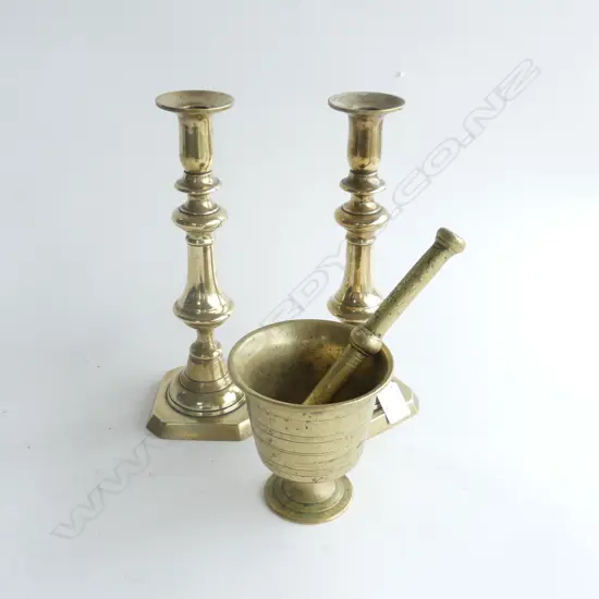 PR BRASS CANDLE STICKS H.270mm + BRASS MORTAR & PESTLE