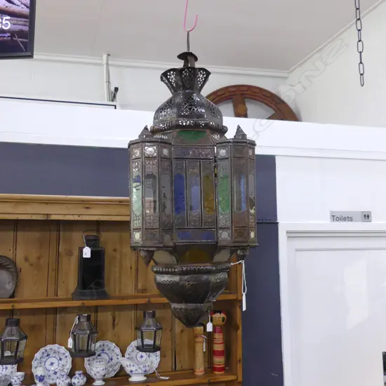 VINTAGE LGE MULTICOLORED MOROCCAN GLASS LANTERN H.600mm