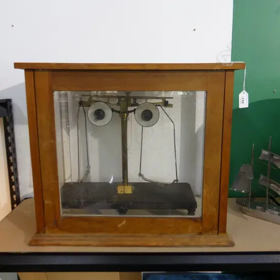 LARGE OLD ANALYTHICAL APOTHECARY SCALES - AGE WEAR TO WOODEN BOX A.F.  480 XC 275 H.420mm