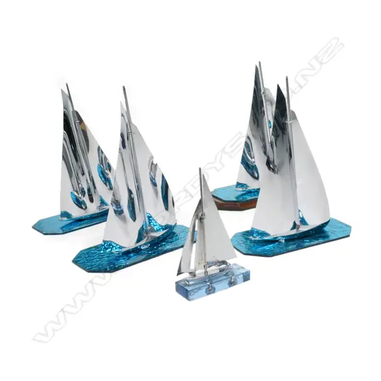 5 ART DECO CHROME YACHTS, ON TEAL & PALE BLUE GLASS BASES (1 WOODEN), H.160-270mm