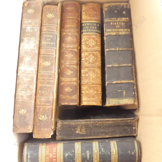 5 VICT LEATHER BOUND BOOKS + BIBLE, A.F.