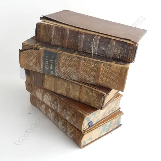 5 VICT LAETHER BOUND BOOKS/BUNYANS WOKS/HEBREW LATIN AND ENGLISH ETC A.F.