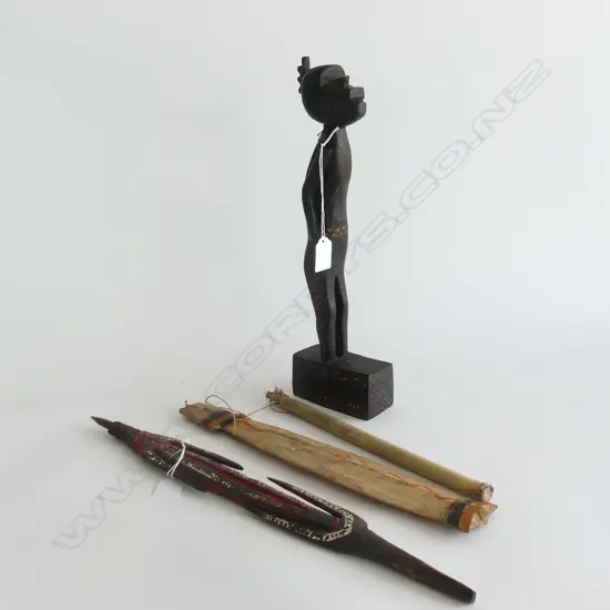 3 TRIBAL PCES; PNG SPEAR HEAD, PNG BULL ROARER, NEW HEBRIDES FIGURE H.375mm