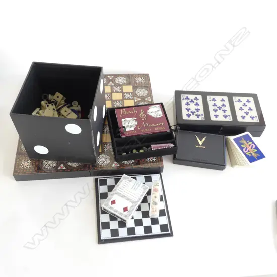 BOX GAMES; PLAYING CARDS (AS NEW) BRIDGE SET, DICE, LACQUER BACKGAMMON/CHESS BOARD ETC..