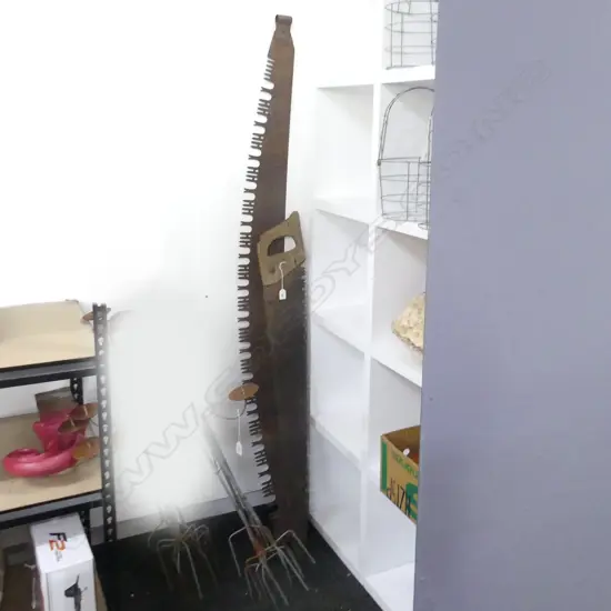 2 OLD CROSS CUT SAWS, ONE WITH WOODEN HANDLE