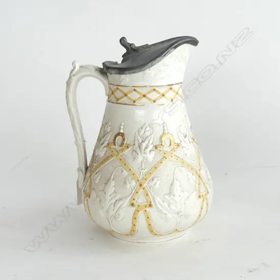 VINTAGE PARIAN WARE JUG WITH.PEWTER LID (HINGE A.F.) DIAMOND STAMP TO BASE H.240mm