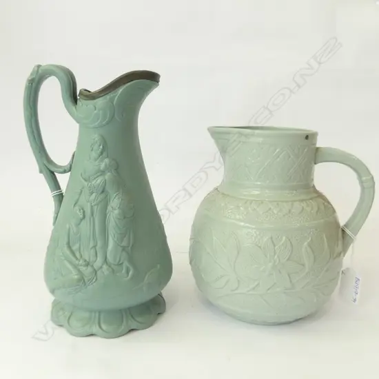 2 BLUE PARIAN JUGS, 1 'NAOMI & HER DAUGHTERS-IN-LAW C1847 (H.235mm) + 1 OTHER (H.195mm)