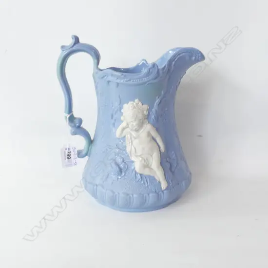 LG ANTIQUE CORK & EDGE PARIAN BLUE JUG WITH WHITE RELIEF CHERUBS H.245mm