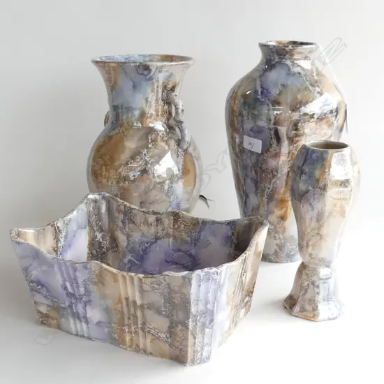 4 PCS VINTAGE AAA ARABIA POTTERY FINLAND, MARBLE GLAZE, 3 VASES (H.180, 250, & 280mm) + TROUGH L.220mm  C1928-1932