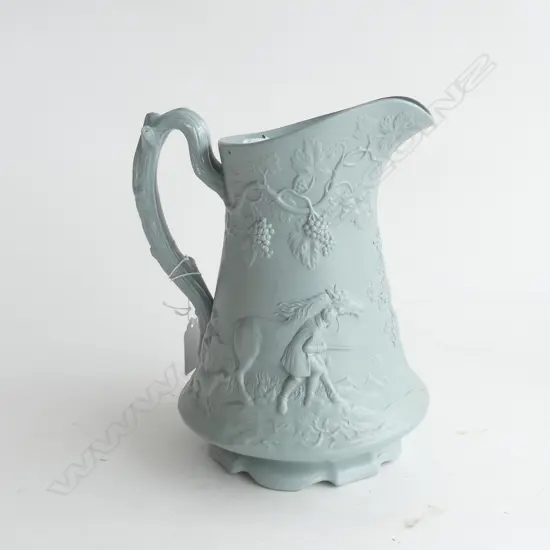 EDWARD WALLEY BLUE PARIAN JUG, HUNTING SCENE - DIAMOND DATE STAMP TO BASE H.230mm