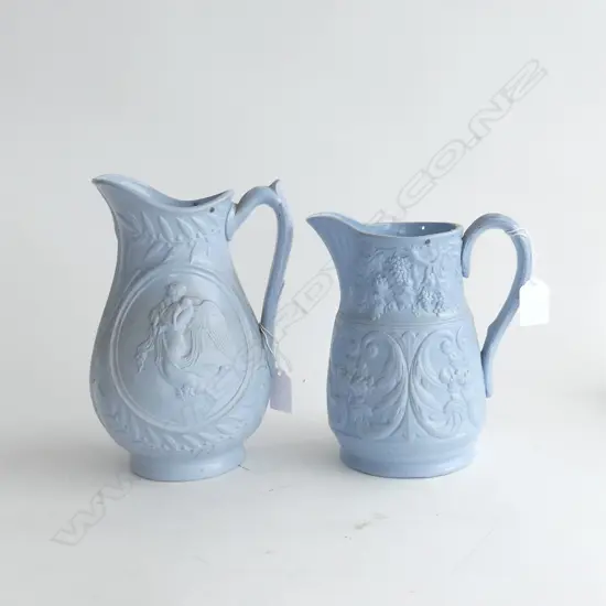 2 VICTORIAN BLUE JUGS; DUDSON 'NIGHT & MORNING', (H.240mm) & 1 OTHER (H.195mm)