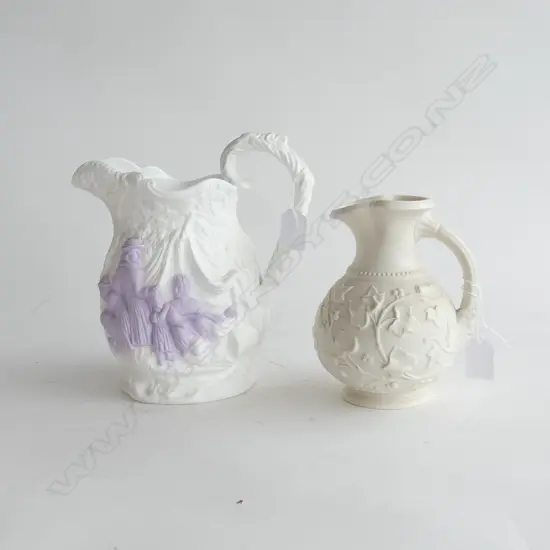 2 SAMUEL ALCOCK PARIAN WARE;  LAVENDER GLAZE PITCHER (A.F.) (H 230mm) & IVY EMBOSSED JUG (H.180mm)
