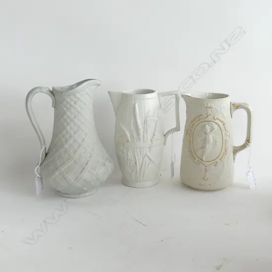 3 ANTIQUE PARIAN JUGS INC. W BROWNFIELD & SON C1842 CUPID JUG (H170mm) + WHEATSHEAF (H175mm) & BASKET WEAVE (H.210mm)