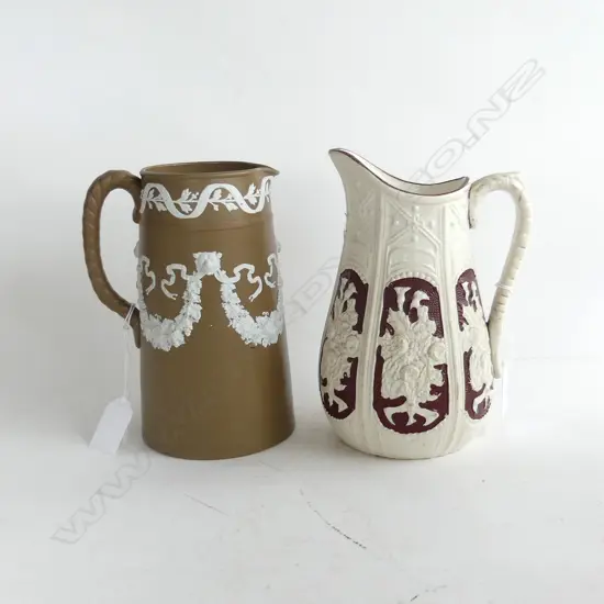 2 VINTAGE PARIAN JUGS, 1 BROWN ON WHITE (H190mm) & 1 PAXION WHITE ON BROWN (H175mm)