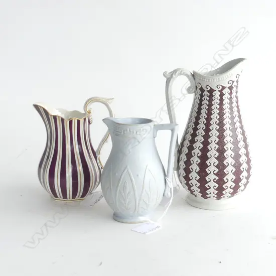 3 ANTIQUE JUGS;  STONEWARE STRIPED JUG (H150mm) ARGYLE RELIEF SALT GLAZE JUG (H.200mm) & ARGOS RELIEF MOULDED JUG (H.130