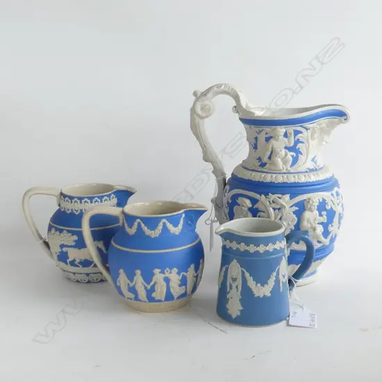 CHARLES MEIGH BLUE & WHITE PARIAN JUG REG. 1852 (H.215mm) + 2 COPELAND SPODE B&W PARIAN WARE MILK JUGS (H.100mm) + 1 OTH