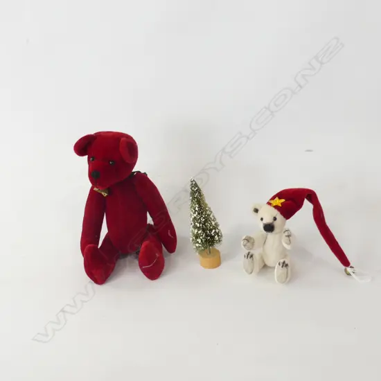 2 XMAS BEARS; RED VELVET H.180mm + SML WHITE BEAR w. LONG HAT & TREE