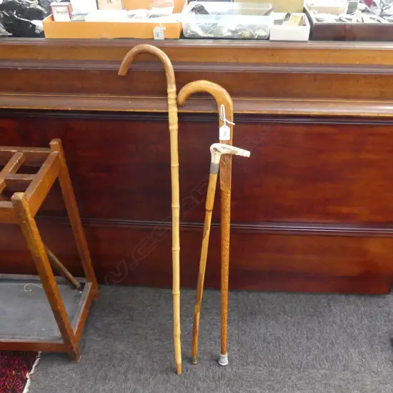 3 VINTAGE WALKING STICKS; CARVED BONE HANDLE, CARVED WOODEN, BAMBOO