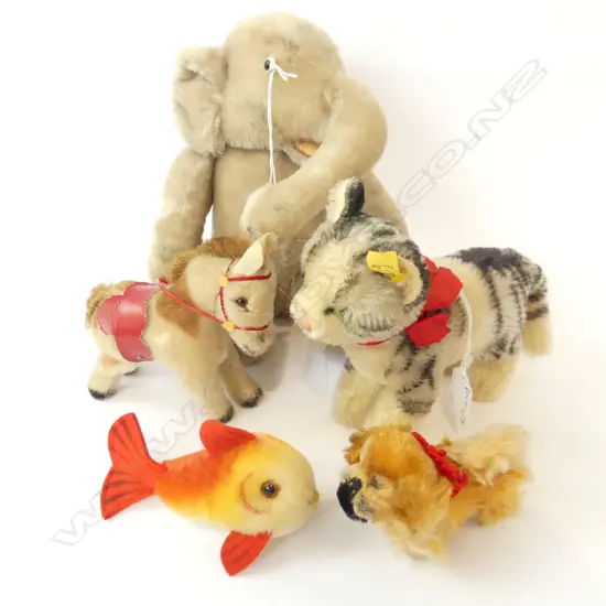 5 VINTAGE STEIFF SOFT TOYS; CAT, PONY, GOLDFISH, PEKINGESE & ELEHANT H.220mm