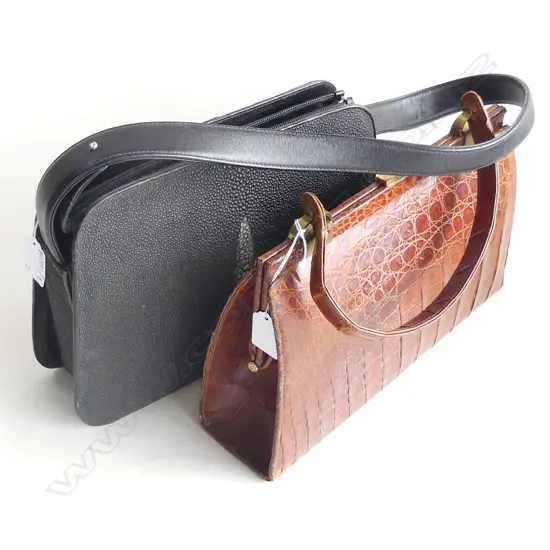 2 VINTAGE HANDBAGS; STINGRAY SHAGREEN W.295mm & CROCODILE