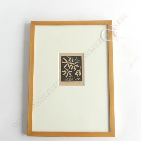 JOHN L MOORE 'SMALL CLEMATIS' WOODCUT INITIALLED FRAMED TRUGUARD GLASS...
