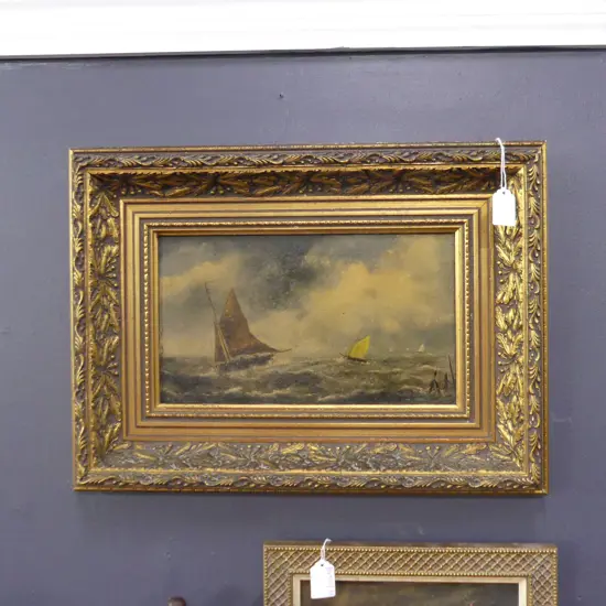 DUTCH  SCHOOL OIL ON BOARD FISHING BOAT SIGNED W .K   180 x 300mm