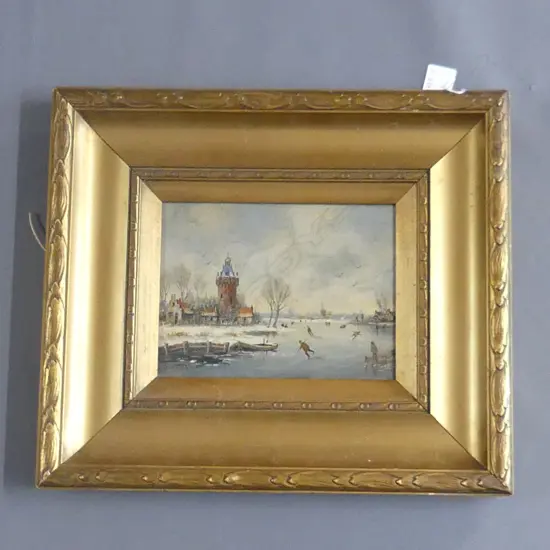 SIGNED OIL ON BOARD, DUTCH ICE SKATERS, 190 x 150mm.