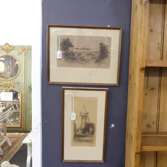 2 SIGNED J. D. SYDNEY ETCHINGS; PARTINGTON'S WINDMILL 260 x 125 & GRAFTON BRIDGE 150 x 250mm