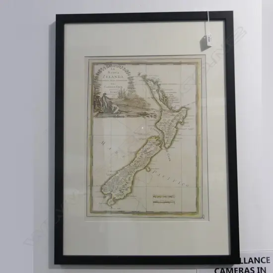 FRAMED REPRO CASSINI VERSION OF THE 'BAYLY COOK' MAP  OF NZ, 1798, 390 x 290mm