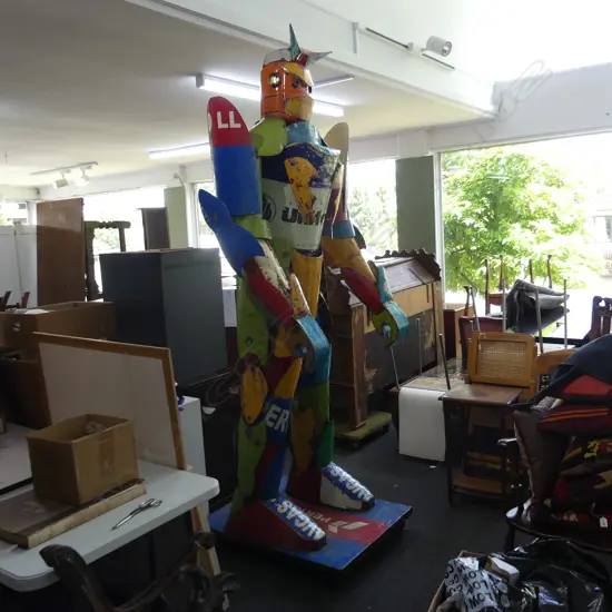 OLD OIL CAN RECONSTRUCTED ROBOT ON WHEELED BASE H.2500mm