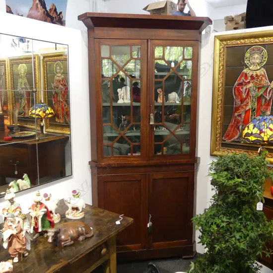 ANTIQUE GLAZED MAHOGANY CORNER CABINET...