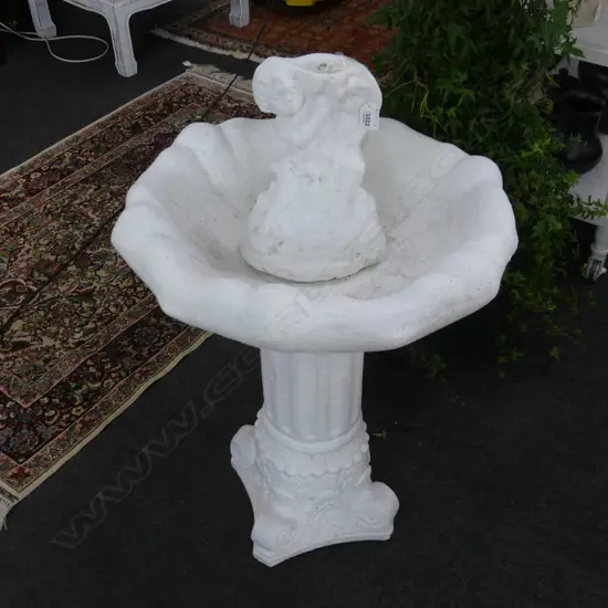 WHITE PAINTED CONCRETE BIRD BATH & STATUE. Dia. 560mm