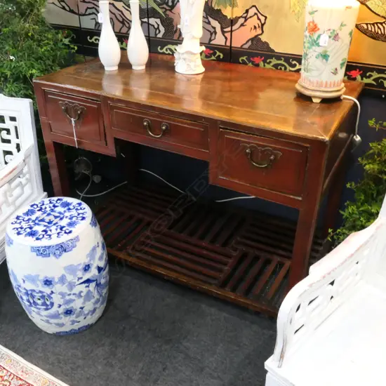 ANTIQUE CHINESE CONSOLE TABLE w. 3 DRAWERS & LATTICE SHELF 1160 x 585 x 830mm