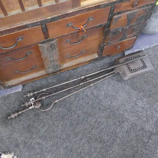 3 VINTAGE FIRE TOOLS; POKER, TONGS, SHOVEL H.750mm