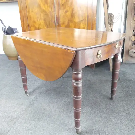 EARLY GEORGIAN WALNUT DROP LEAF TABLE w. CANNON BARREL LEGS & 2 DRAWERS...