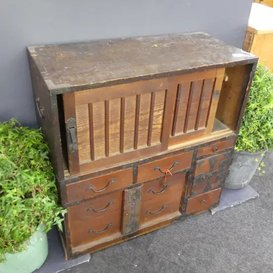 19thC JAPANESE SMALL TANSU CHEST PR DOORS + 6 DRAWERS....