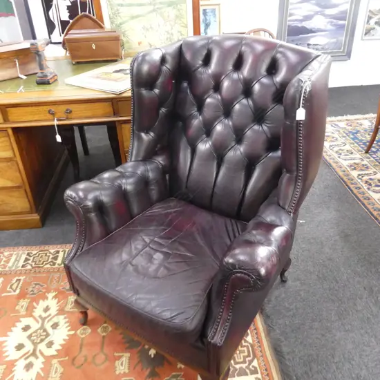 VINTAGE DARK CRIMSON LEATHER WING BACK CHAIR BY GASCOIGNE FURNITURE, AUST.