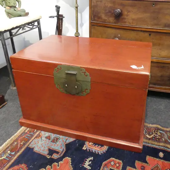 OLD CHINESE RED LACQUER TRUNK HINGED LID. 860 x 580 x 540mm **RTV**