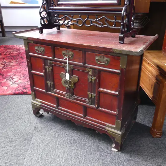 SMALL KOREAN CHEST; 3 DRAWERS ABOVE SMALL CENTRAL DOORS 720 x 320 x 560mm