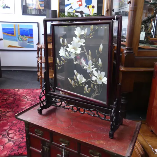 CHINESE EMBROIDERED SILK FLORAL ARTWORK IN ROTATING ROSEWOOD FRAME H.600mm