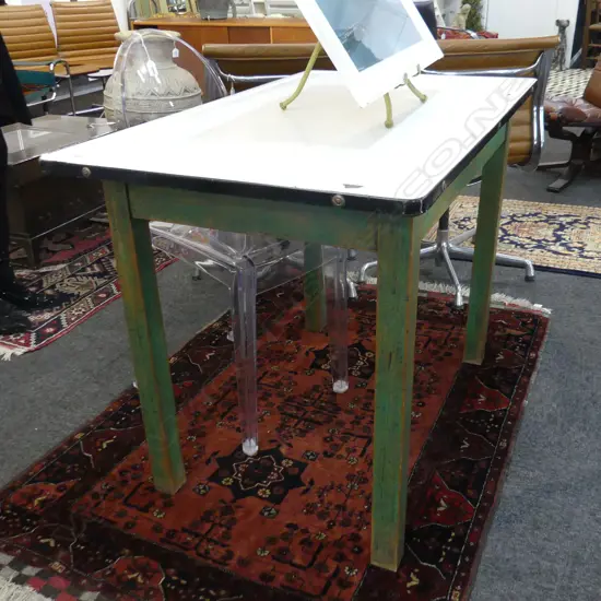 INDUSTRIAL STYLE TABLE; WHITE ENAMEL TOP 1050 x 640 x 760mm