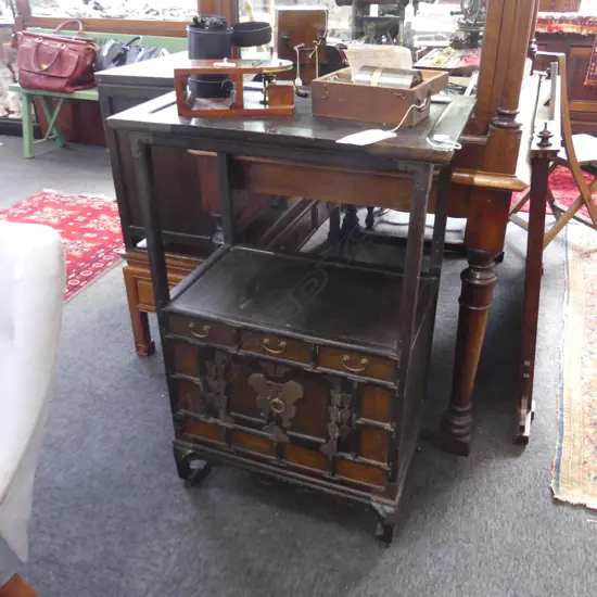 VINTAGE KOREAN CABINET; 2 SHELVES ABOVE 3 DRAWERS & DOUBLE DOORS 640 x 385 x 990mm