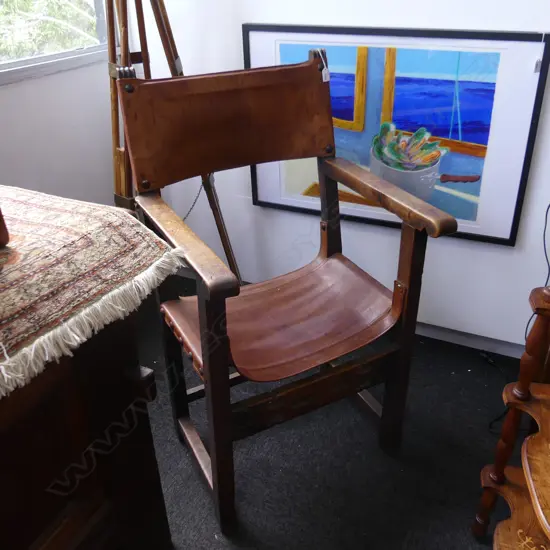 OLD MEDIEVAL STYLE CHAIR studded leather slung back & seat