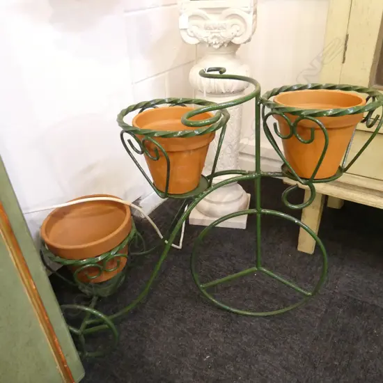 GREEN PAINTED WROUGHT IRON 'BICYCLE' 3 POT PLANTER L. 740mm
