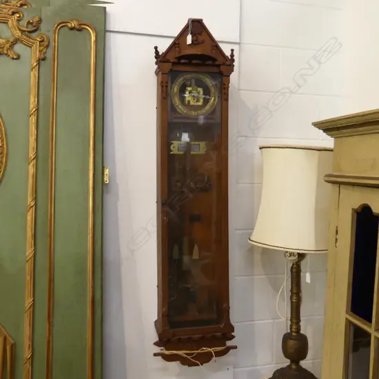 VINTAGE TALL WOODEN & BRASS PENDULUM WALL CLOCK (ELECTRIC) H.1330mm