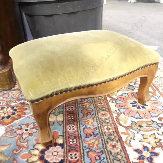 VINTAGE FOOT STOOL; GREEN VELVET TOP 370 x 270 x 200mm